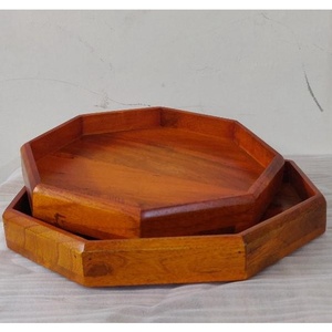 Ensemble de plateaux de service octogonaux en bois artisanal, plateau décoratif en bois massif, plateau de service à thé pour la table à manger à la maison - Product Image 1