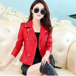 Femmes en cuir véritable au crochet séchage rapide à manches courtes moto veste décontracté revers fermeture éclair manteau hiver - Product Image 4
