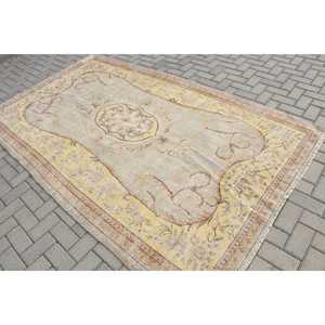 Vintage Turkish Rug, 5.4x9.1 ft Large Rug, <b>Yellow</b> Brown Polka dot <b>Wool</b> Rug - Product Image 1