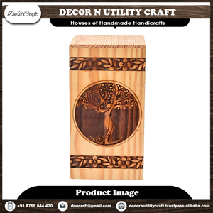 Urna de madera grande para cenizas humanas para adultos, modelo de patrón de vida de árbol de pájaro volador, caja de entierro de columbario de teca hecha a mano para funeral - Product Image 3