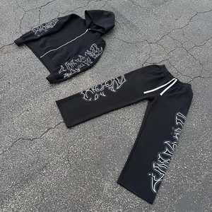 OEM Men's Custom Screen Printed Washed <b>Rhinestone</b> Hoodie Set <b>rhinestone</b> Flared Stacked Tracksuit Sweat suit for Winter - Product Image 5