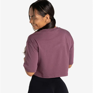 Top corto de mujer de ciruela más vendido, hombros caídos, manga corta, suave, elástico, ajuste elegante para verano, Yoga informal ecológico - Product Image 2