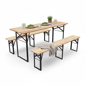 Table de pique-nique pliante avec 2 bancs - Plateau en bois massif, 180x60x76cm - Product Image 1