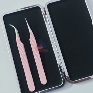 Pince à épiler d'extension de cils à poignée diamantée en acier inoxydable de haute qualité à revêtement rose ensemble de pinces à cils durable - Product Image 1