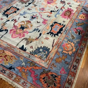 Alfombra Oushak Azul Anudada a Mano, Alfombra Afgana Anudada a Mano con Tinte Vegetal, Multicolor para Sala de Estar, Habitación Infantil, Oficinas - Product Image 1