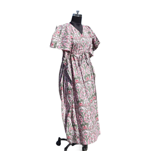 Kaftan Algodón Mujeres Handblock Floral Impreso Robe Sleepwear Maxi Dress - Product Image 2