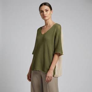 Suéter Oversize con Cuello en V y Mangas 3/4, Color Sólido, Casual, Transpirable para Verano - Product Image 1