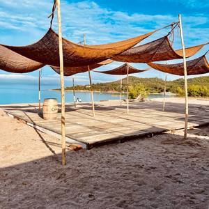 Coklat alami Coco Net naungan Sailing segitiga persegi panjang tenun dari serat kelapa dengan poin tersambung gantungan logam - Product Image 2