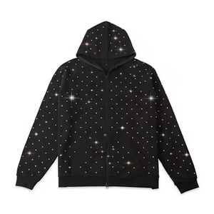 ผู้ผลิตเสื้อฮู้ดดี้เฟรนช์เทอร์รี่แบบหนา 500 GSM ทรงปกติ ซิปหน้า พิมพ์ลายดิจิทัล ประดับด้วยคริสตัล งานฝีมือ 100% ขายส่ง - Product Image 2