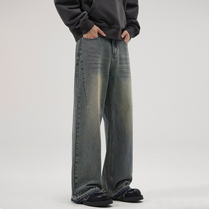 กางเกงยีนส์ไมโครเอวลอยผู้ชายระดับไฮเอนด์วินเทจผ้า100% คอตตอนทรงหลวมสไตล์สตรีทถักขอบกลางกลางกลางกลางจากการซัก - Product Image 3