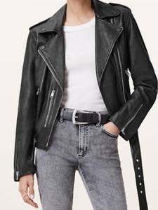<b>Women</b> Genuine Sheep Winter Biker Jacket <b>Black</b> Moto <b>Coat</b> Asymmetrical Zipper Belted Waist Slim Fit Motorcycle Outerwear Cotton - Product Image 4