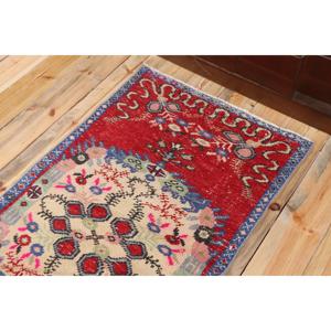Turkish Eco-Friendly Rug 2.4x5.2 ft Small <b>Red</b> Patchwork <b>Wool</b> Vintage Rug with Latex Backing - Product Image 5