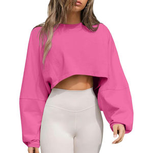 Custom High Cropped Oversize <b>Women's</b> Crop <b>Top</b> Hooded Pullover Sweatshirt Casual <b>Winter</b> Knitted Oversize Cropped Sweatshirt - Product Image 2