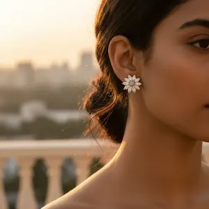 Women's Trendy <b>Silver</b> Flower <b>Stud</b> Earrings with Cubic Zirconia Rhodium Plated Alloy and Brass Religious Jewelry - Product Image 2