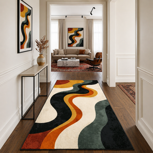 Modern Artistic Flow Design Hand Tufted <b>Washable</b> Anti-Slip Prayer <b>Runner</b> Rug with Warm Earth Tone Stripes - Product Image 3