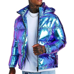 Chaquetas Acolchadas Reversibles Impermeables Reflectantes Holográficas con Capucha Unisex de Nueva Moda, Bolsillos con Ribete, Puños Elásticos, Poliéster - Product Image 1