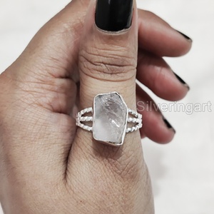 Joyería de piedra en bruto, anillo para mujer, piedra preciosa Natural cruda de cuarzo rosa, piedra natal de abril, 3 bandas dotadas, anillo de Plata de Ley 925 oriental - Product Image 2