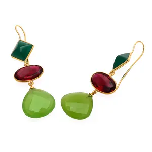 Kuningan Lihat hijau Chalcedony Ruby Hydro & Green Onyx perhiasan emas berlapis batu permata tabrakan anting-anting