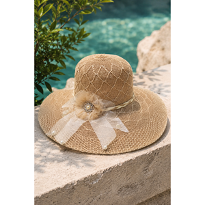 Chapeau de paille souple orné de fleurs et de tulle, style élégant en fourrure de vison - Product Image 2