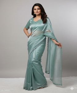 Sari Moderno GMY de Seda con Bordado de Encaje Hecho a Mano y Blusa Sin Coser, para Fiestas, Bodas y Eventos Festivos, Color Cielo - Product Image 4
