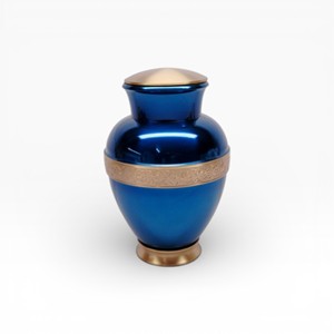 Urne funéraire en laiton bleu profond et or avec motif floral et finition commémorative élégante - Product Image 1