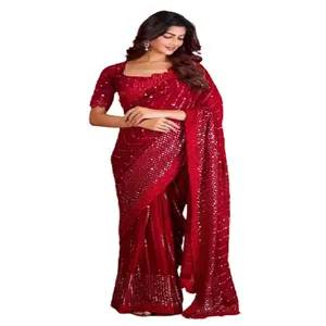 Indian Supplier Selling Ethnic Ware Heavy Georgette Beautiful Dual Sequence Embroidery Work Indian Style Wedding Saree for Sale