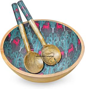 Ensemble de saladiers damassés en bois de mangue avec serveurs à salade en bois imprimés Ensemble de bols de service décoratifs rustiques pour salade - Product Image 2