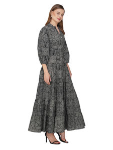 Sati Factory femmes décontracté été Maxi robe col en v manches longues noir gris Paisley motif chute de taille à plusieurs niveaux Flare - Product Image 5