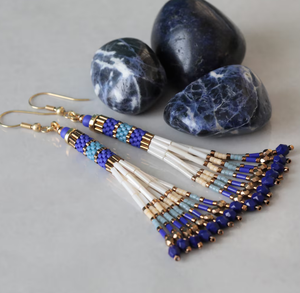 Beaded Tassel <b>Earrings</b> Miyuki Beads , <b>Blue</b>, Cobalt, Ecru Fringe Tassel <b>Earrings</b> - Gold - Long - Product Image 3