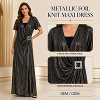 Robe longue en maille métallisée pour femme, col en V, manches courtes, froncée, avec boucle, robe de soirée OEM ODM