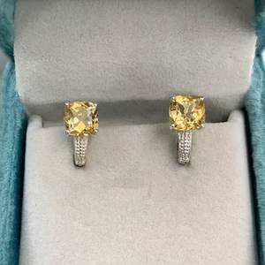 ต่างหูแข็งทรง925สีเงินสเตอร์ลิงประดับมุกตัดเป็นสีซิทรีนของขวัญวันเกิดดีไซน์คลาสสิก - Product Image 6