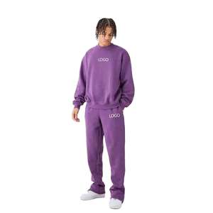 Ensemble sweat-shirt et jogging violet pour homme, logo personnalisé, coupe ample, streetwear, tenue de survêtement en coton 2 pièces, fournisseur - Product Image 1
