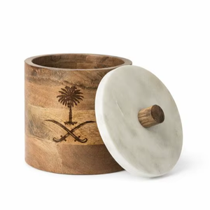 wholesale price Wooden Jar with Saudi Arabia Flag Design and <b>Marble</b> Lid Decorative Storage Box for Home Decor for sale - Product Image 1