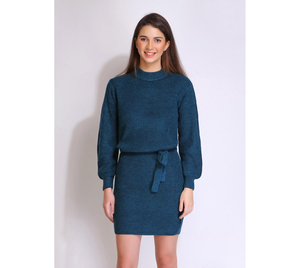 Robe pull en laine élégante longue ceinturée Florence pour femmes hiver/automne impression simple 3D manches françaises 100% coton crayon naturel - Product Image 5