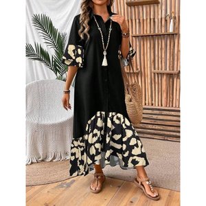 Robe longue Aerobin pour femme, à manches courtes, col et fermeture boutonnée, détail asymétrique sur le devant, 37418 - Noir - Product Image 3