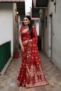 Welltex Bandhej Silk Saree Kalash-マルーンモデル豊富なPallu Matkaボーダーザリ織り女性用オリジナルインドパキスタンデザイン - Product Image 4