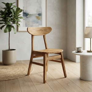 Chaise de salle à manger en teck massif avec dossier incurvé, assise en planche de bois, finition naturelle, chaise d'appoint pour patio extérieur, décoration artistique - Product Image 3
