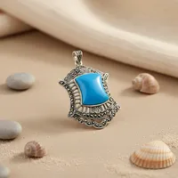 Pendentif bouclier en argent 925 et turquoise, style bohème, pour femme, serti clos, à porter au quotidien