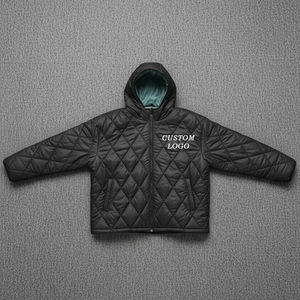 เสื้อโค้ทสีดำบุฟองน้ำสำหรับผู้ชายเสื้อแจ็คเก็ตแบบมีฮู้ดเสื้อโค้ทขนเป็ดมีซิปรูดออกแบบลายเพชรสำหรับผู้ชายโลโก้ตามต้องการ - Product Image 3