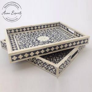 Single Square Shape Handcrafted Bone Inlay Serving Tray with Black and White Floral Pattern <b>Use</b> for Serving Hotel <b>Christmas</b> <b>Gift</b> - Product Image 1