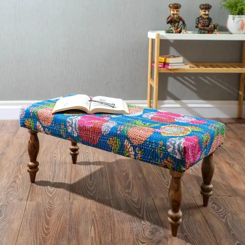 Indian Cairo Wooden Bench Handmade Kantha Cushioned Couch Furniture for Home Living Room Dining Table Home Decor Ethnic Style