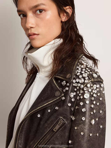 Veste en cuir véritable pour femmes en gros avec strass, design de haute qualité, veste en cuir marron de qualité supérieure pour femmes - Product Image 5
