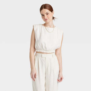 Nuova Canotta Slim Fit da Donna New Day, Colore Crema, Taglia S, in Tessuto Traspirante Lavorato a Maglia, con Colletto a Fiocco, Fantasia a Righe Casual, Personalizzabile, Corta - Product Image 1