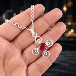 Pendentif en argent sterling 925 plaqué laiton, serti à la main, avec pierre précieuse rubellite rose ronde, pour femme. - Product Image 5