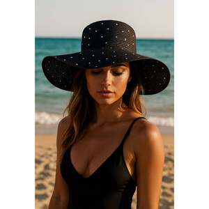 Chapeau de paille naturel noir à large bord avec embellissements en pierre, design élégant, idéal pour la protection solaire HSR2085 - black2085 - Product Image 1