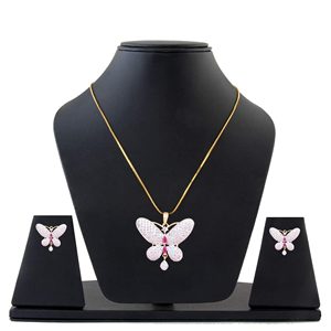 Conjunto de collar de acero inoxidable para mujer de fabricante indio con colgante de mariposa CZ, piedras de circón chapadas en oro y plata étnica - Product Image 1