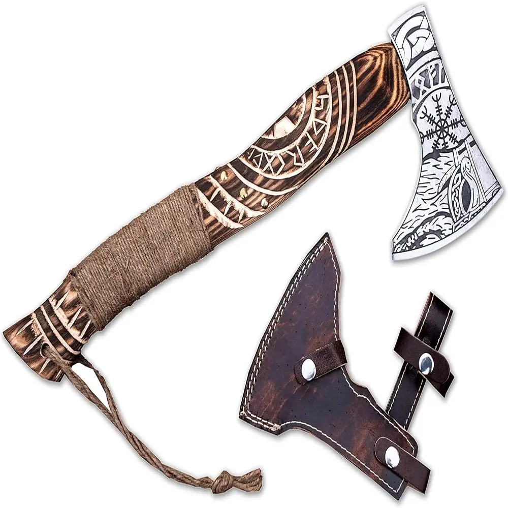 Hand Forged Damascus Steel Blade Hunting Bushcraft Viking Axe Rosewood Hand Grip Cowhide Leather Pouch