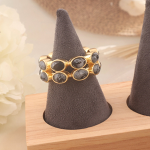 แหวนอัญมณีออบซิเดียนเกล็ดหิมะธรรมชาติแหวนแหวนวงแหวนแบบเต็มรูปแบบพร้อมข้อเสนอหินหลายชิ้นแหวนชุบทอง18K - Product Image 1