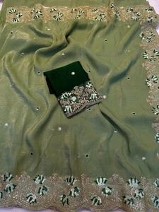 Soft crunchy <b>silk</b> saree with embroidery therd matching work with contrast embroidery work blouse - Product Image 4