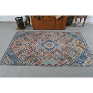 Alfombra Turca Vintage, Alfombra de 3.8x6.3 pies, Alfombra a Rayas Azul y Rosa - Product Image 3